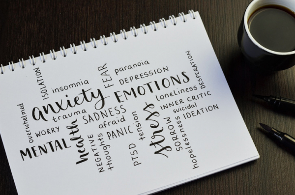 A while spiral notebook with words related to PTSD written on it, such as depression, fear, anxiety, negative thoughts); desk also has pen and coffee cup